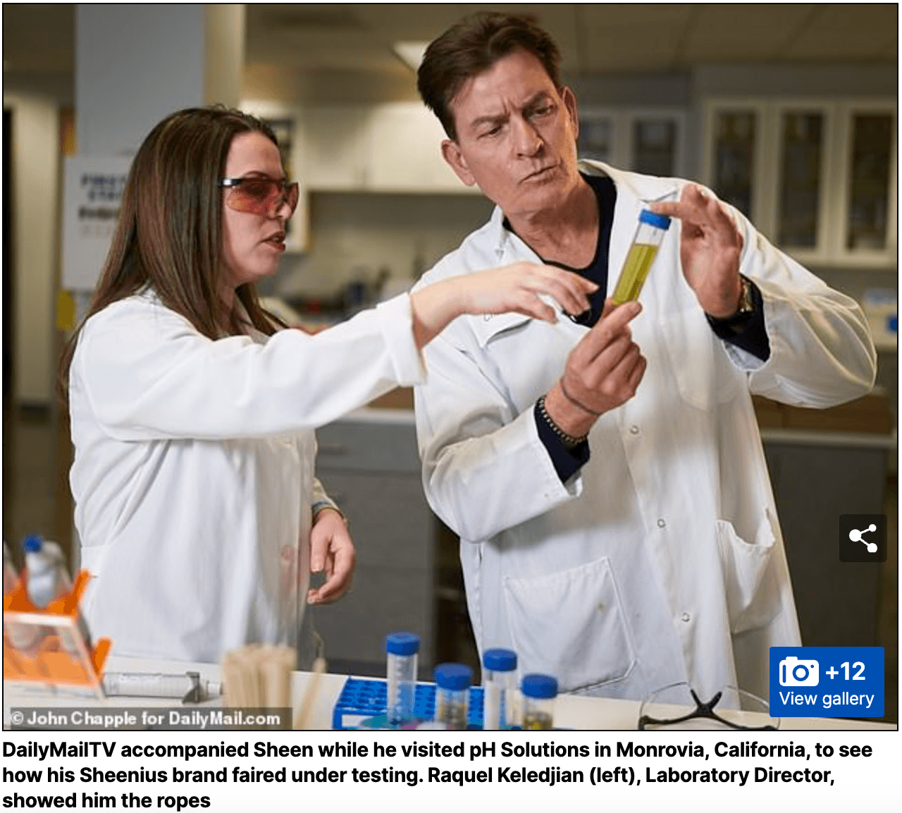 Dr. Raquel Keledjian with Charlie Sheen in the lab, as seen on Daily Mail TV